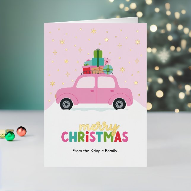 Merry Christmas Cars with Gifts in Pastel Pink Foil Holiday Card (Holiday In Situ 2)