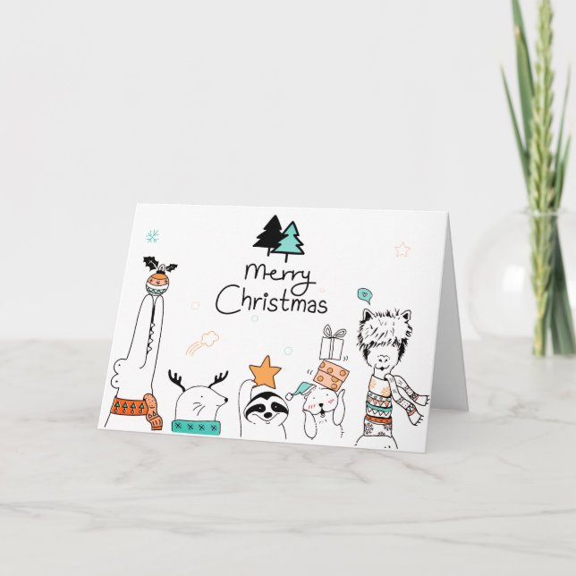 Merry Christmas Cartoon Animals | Holidays Card (Front)