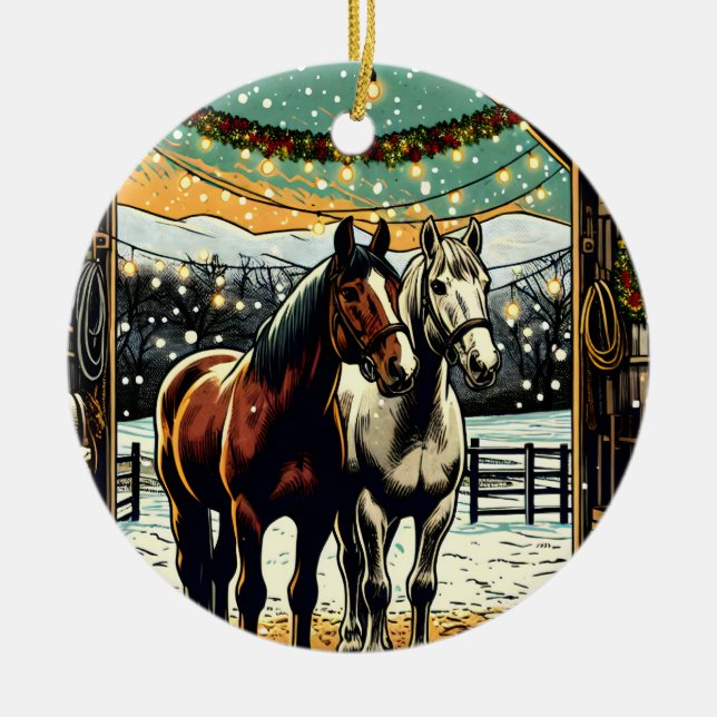 Merry Christmas Cartoon Horses Ceramic Tree Decoration (Front)