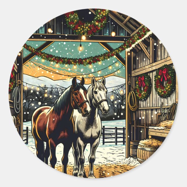 Merry Christmas Cartoon Horses Classic Round Sticker (Front)