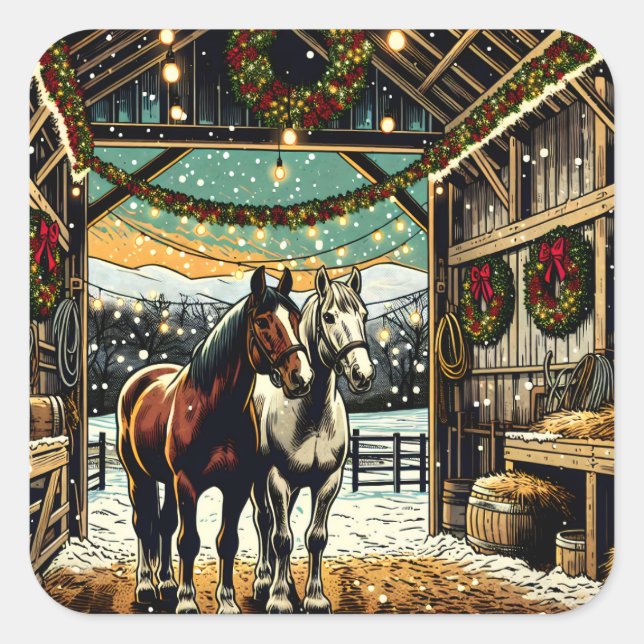 Merry Christmas Cartoon Horses Square Sticker (Front)