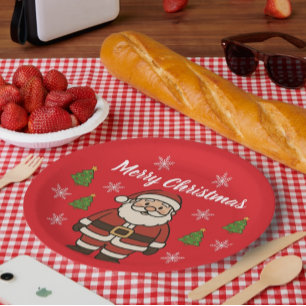 Merry Christmas Cartoon Santa Claus Fun Red Paper Plate