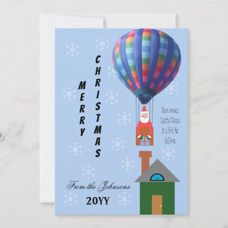 Merry Christmas Cartoon Santa in Hot Air Balloon Holiday Card
