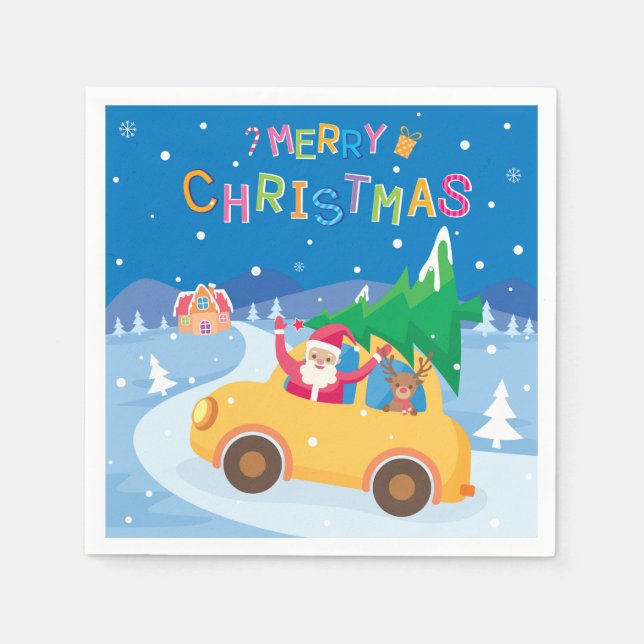 Merry Christmas Cartoon Santa Reindeer Car Napkin (Front)