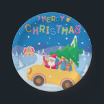 Merry Christmas Cartoon Santa Reindeer Car Paper Plate<br><div class="desc">This design features a cute cartoon of Santa Claus and a reindeer collecting a Christmas tree in a car with "Merry Christmas" written in colourful popular typography.
#christmas #holidays #seasonal #ChristmasTable #ChristmasParty #ChristmasKidsParty #cute #festive</div>