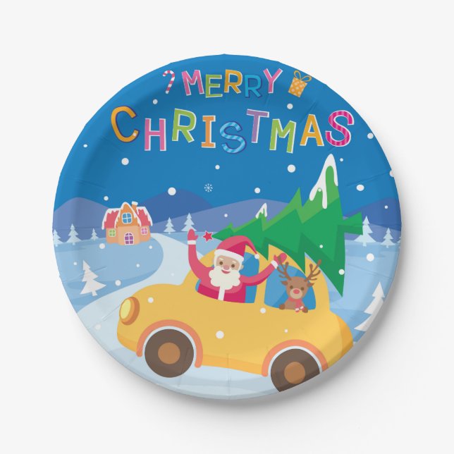 Merry Christmas Cartoon Santa Reindeer Car Paper Plate (Front)