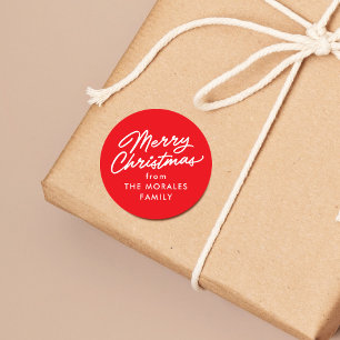 Merry Christmas casual script red holiday gift Classic Round Sticker