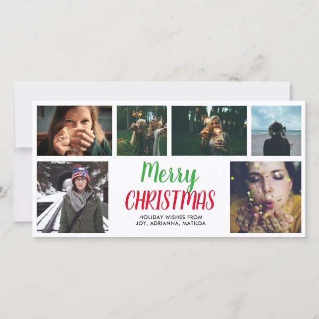Merry Christmas Casual Script Six Photo Collage Holiday Card (Front)