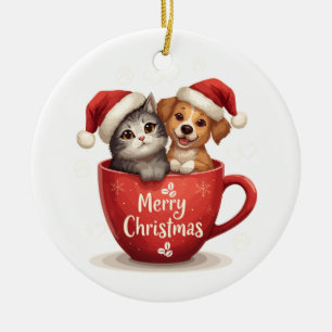 Merry Christmas Cat and Dog in Mug, Cute Pet Ceramic Tree Decoration