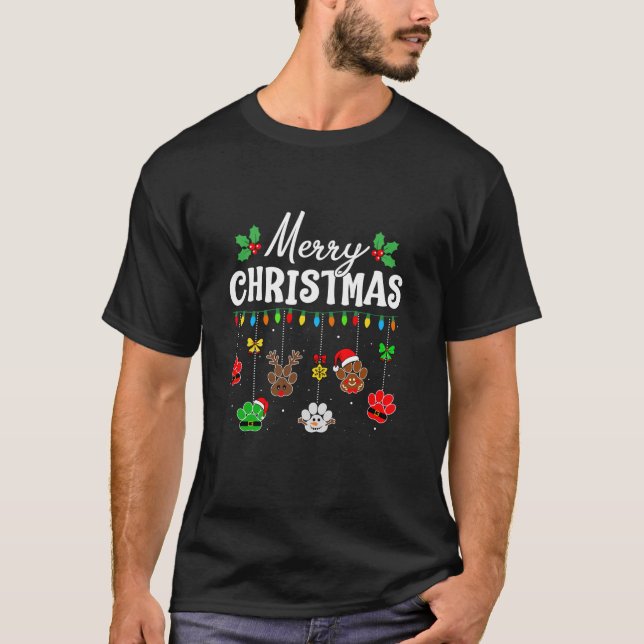 Merry Christmas Cat Dog Paw Print Funny Xmas Anima T-Shirt (Front)