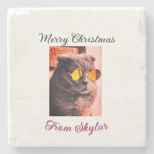 Merry Christmas cat dog pet animal love photo Stone Coaster