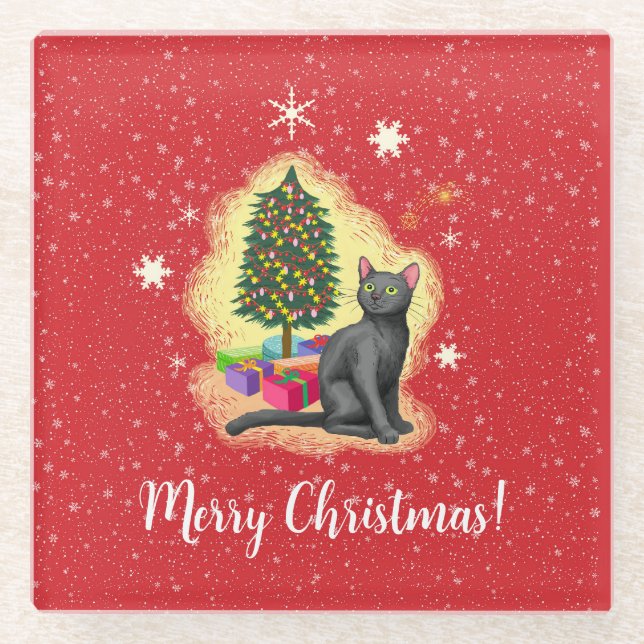 Merry Christmas Cat Glass Coaster (Front)