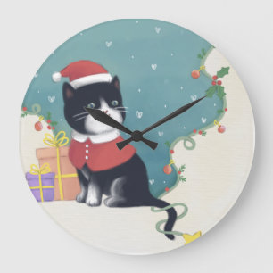 Merry Christmas: Cat Illustration Art Large Clock