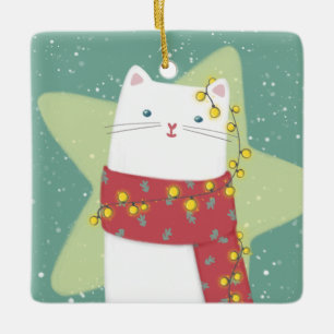 Merry Christmas: Cat Illustration Ceramic Ornament