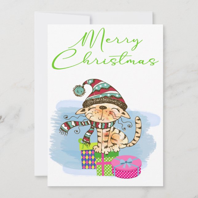 Merry Christmas Cat Illustration Holiday Card (Front)