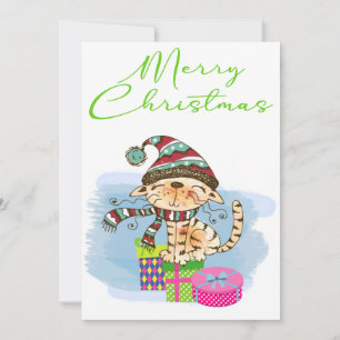 Merry Christmas Cat Illustration Holiday Card