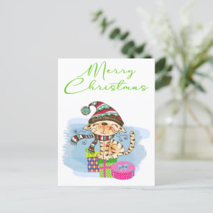 Merry Christmas Cat Illustration Holiday Postcard