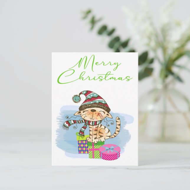 Merry Christmas Cat Illustration Holiday Postcard (Standing Front)