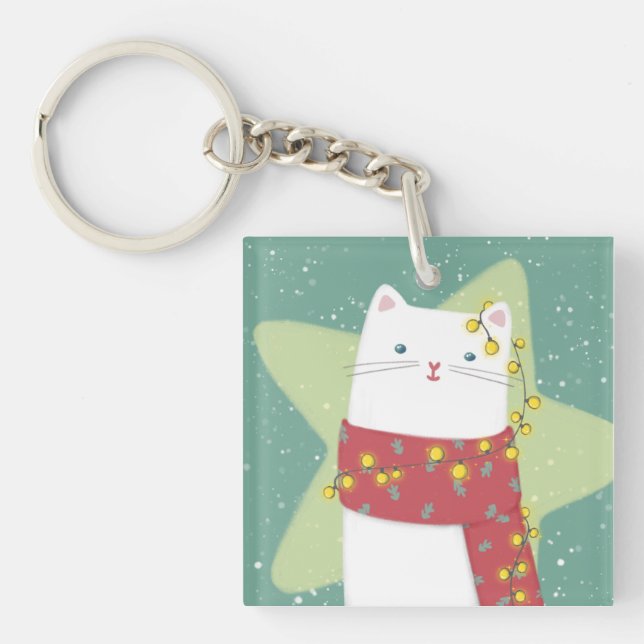 Merry Christmas: Cat Illustration Key Ring (Front)