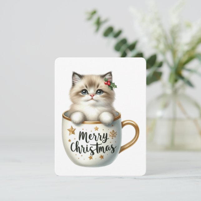 Merry Christmas Cat In A Mug - Christmas Holiday Card (Standing Front)