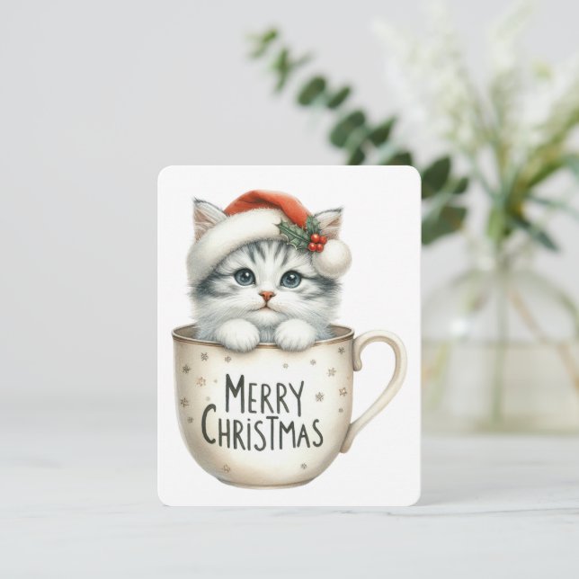 Merry Christmas Cat In A Mug - Christmas Holiday Card (Standing Front)