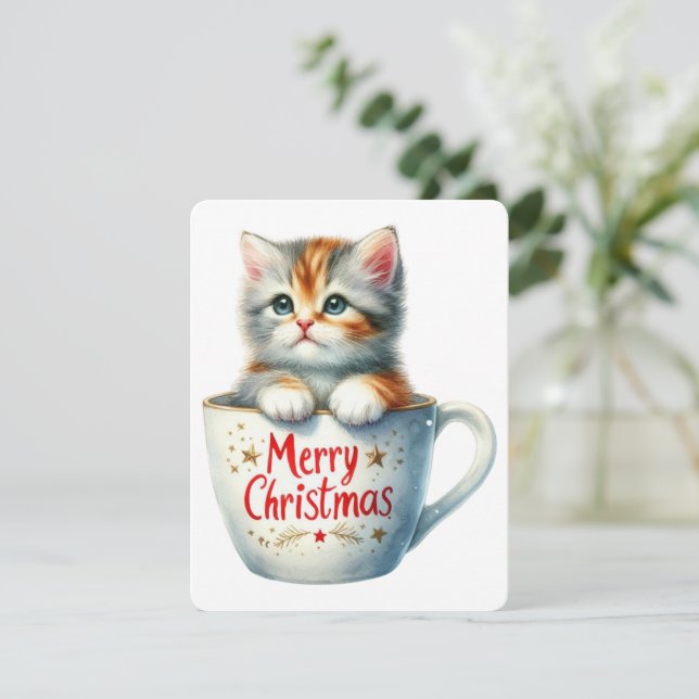 Merry Christmas Cat In A Mug - Christmas Holiday Card (Standing Front)
