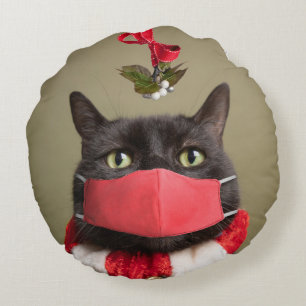 Merry Christmas Cat in Face Mask Under Mistletoe Round Cushion