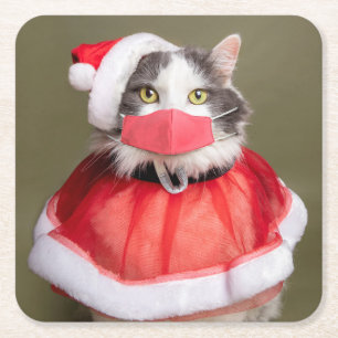 Merry Christmas Cat in Santa Hat and Face Mask Square Paper Coaster