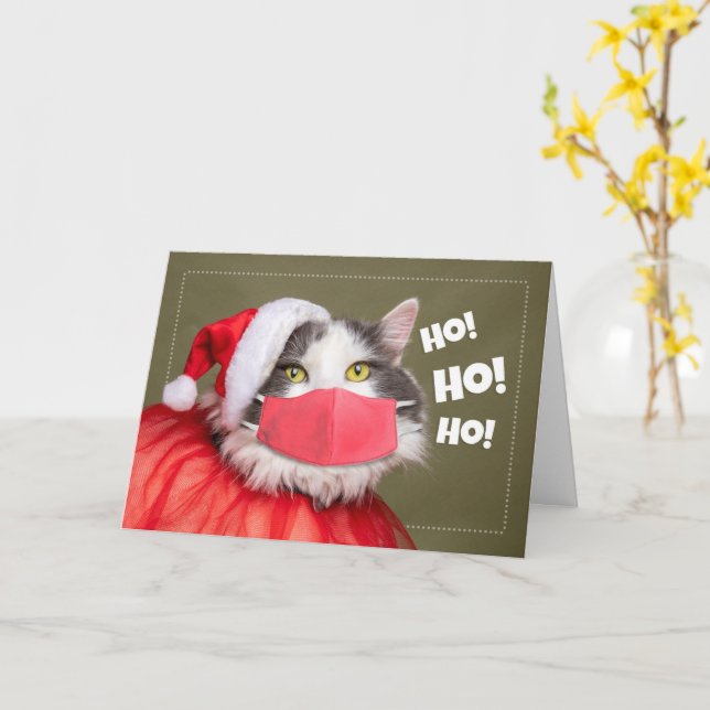 Merry Christmas Cat in Santa Outfit and Face Mask Card (Yellow Flower)