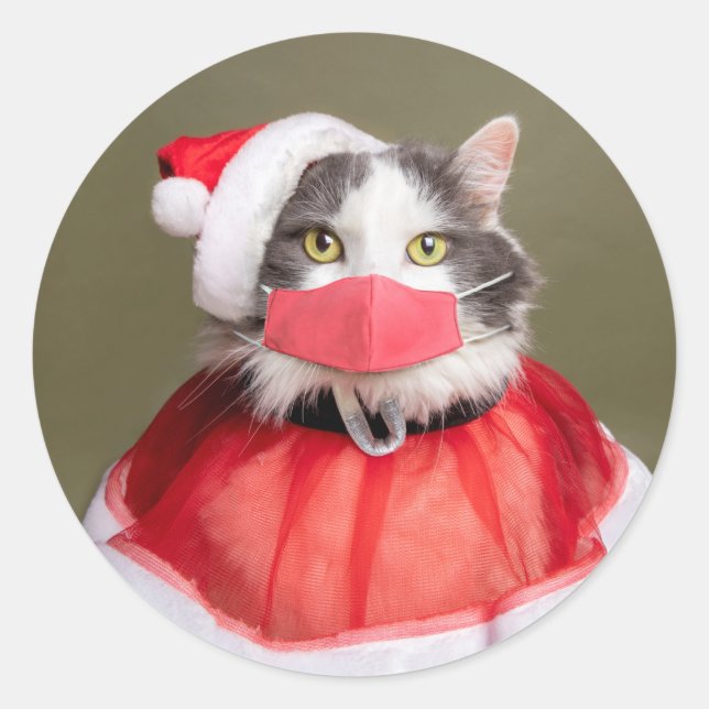 Merry Christmas Cat in Santa Outfit and Face Mask Classic Round Sticker (Front)