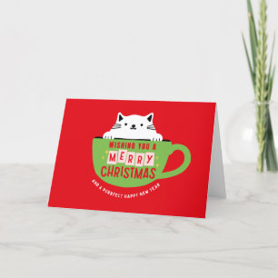 Merry Christmas Cat In Teacup Christmas Card, Cute Holiday Card