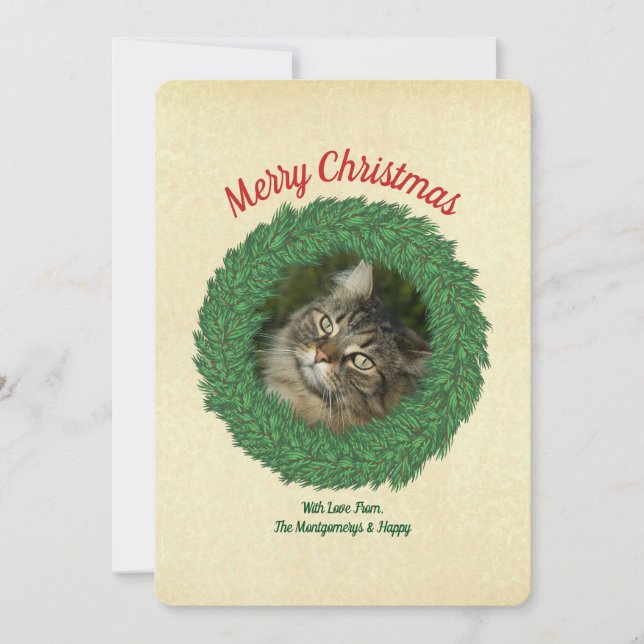 Merry Christmas Cat in Wreath Pet Photo Holiday Card (Front)