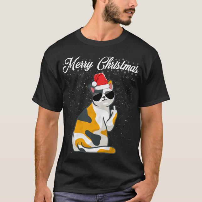 Merry Christmas Cat Middle Finger Rude Xmas Ugly C T-Shirt (Front)