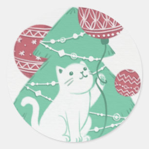 Merry Christmas: Cat & Ornaments Classic Round Sticker