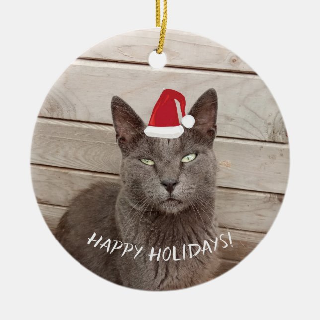 Merry Christmas Cat Photo Ceramic Tree Decoration (Front)