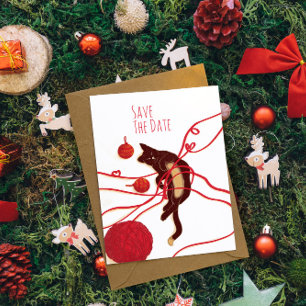 Merry Christmas Cat- Playful Cat with Red Ribbons Save The Date