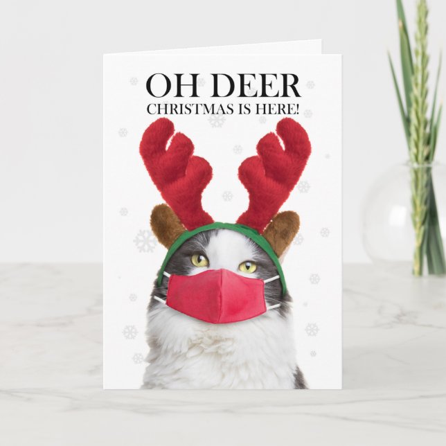 Merry Christmas Cat Reindeer Antlers & Face Mask Holiday Card (Front)