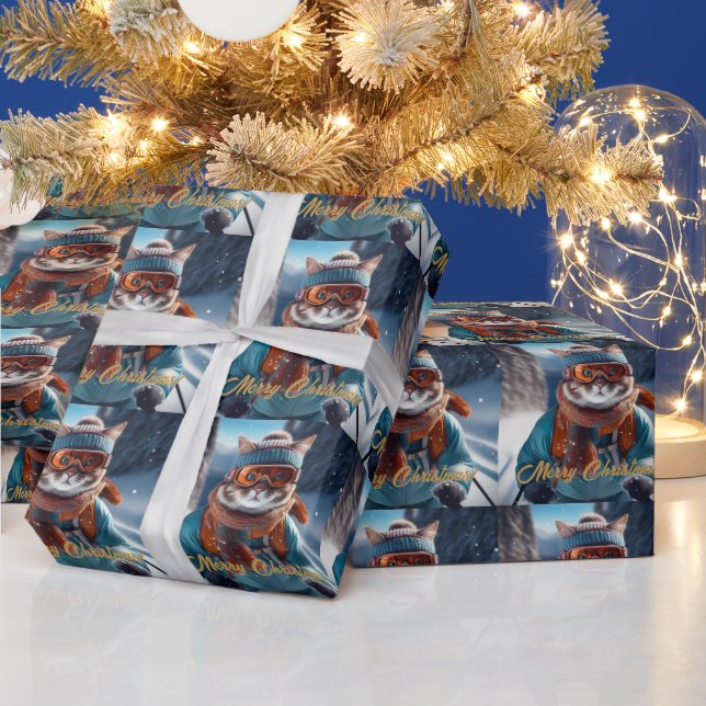 Merry Christmas Cat skiing  Wrapping Paper (Holidays)