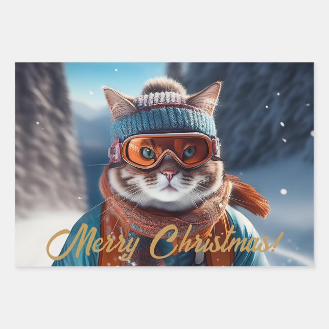 Merry Christmas Cat skiing  Wrapping Paper Sheet (Front)