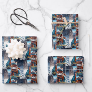 Merry Christmas Cat skiing Wrapping Paper Sheet