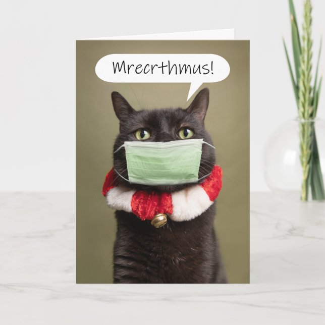 Merry Christmas Cat Talking Through Face Mask Holiday Card (Front)