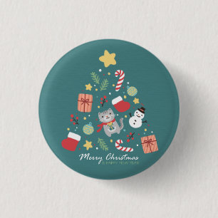 Merry Christmas: Cat & Tree Illustration 3 Cm Round Badge
