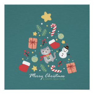 Merry Christmas: Cat & Tree Illustration Poster