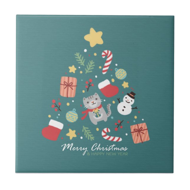 Merry Christmas: Cat & Tree Illustration Tile (Front)