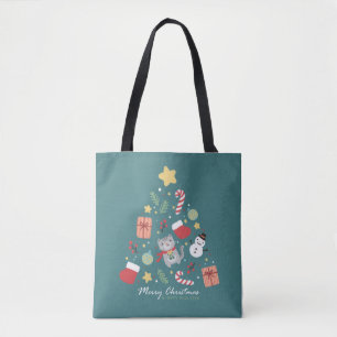 Merry Christmas: Cat & Tree Illustration Tote Bag