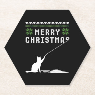 Merry Christmas Cat Ugly Sweater Paper Coaster