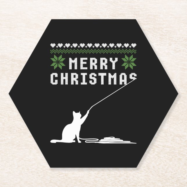 Merry Christmas Cat Ugly Sweater Paper Coaster (Front)