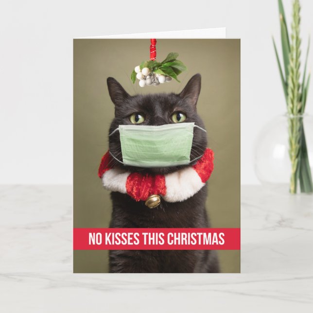 Merry Christmas Cat Under Mistletoe in Face Mask Holiday Card (Front)