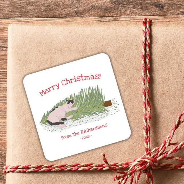 Merry Christmas! Cat vs Christmas Tree Holidays  Square Sticker (Creator Uploaded)