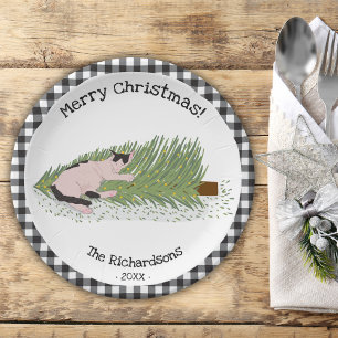 Merry Christmas! Cat vs Tree Black & White Gingham Paper Plate